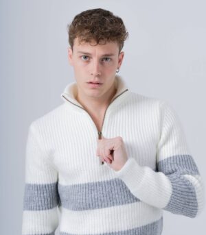 ΑΝΔΡΙΚΟ ΠΛΕΚΤΟ ΠΟΥΛΟΒΕΡ ΜΕ ΦΕΡΜΟΥΑΡ ΚΑΙ ΓΙΑΚΑ-ΛΕΥΚΟ & ΓΚΡΙ - Image 5
