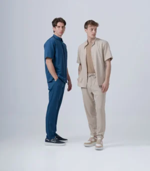 ΑΝΔΡΙΚΟ ΥΦΑΣΜΑΤΙΝΟ ΣΕΤ ΜΕ MAO OVERSHIRT & ΠΑΝΤΕΛΟΝΙ ΜΕ ΛΑΣΤΙΧΟ & ΚΟΡΔΟΝΙ –ΜΠΛΕ