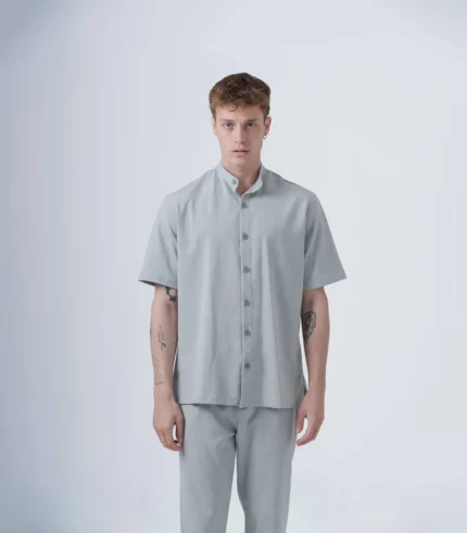 Ανδρικό overshirt μαο γκρί με κοντό μανίκι