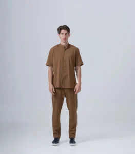 Ανδρικό Υφασμάτινο Σετ με Mao Overshirt & Παντελόνι με Λάστιχο & Κορδόνι – Καφέ