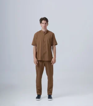 Ανδρικό Υφασμάτινο Σετ με Mao Overshirt & Παντελόνι με Λάστιχο & Κορδόνι – Καφέ