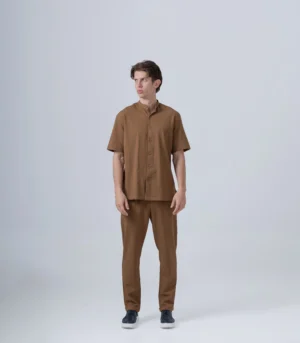 Ανδρικό Υφασμάτινο Σετ με Mao Overshirt & Παντελόνι με Λάστιχο & Κορδόνι – Καφέ
