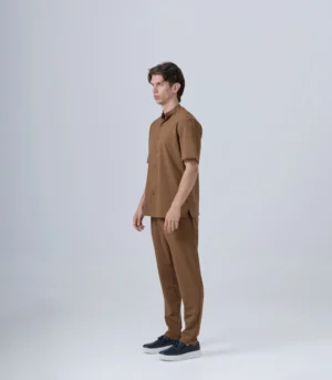 Ανδρικό Υφασμάτινο Σετ με Mao Overshirt & Παντελόνι με Λάστιχο & Κορδόνι – Καφέ