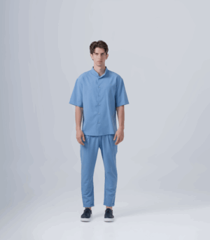Ανδρικό σετ overshirt με γιακά μάο και παντελόνι σε γαλάζιο