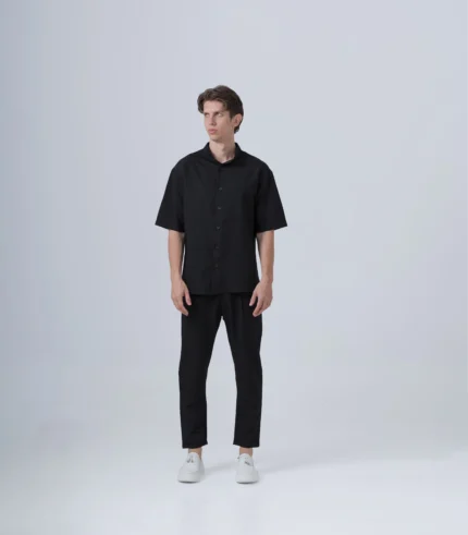 ΑΝΔΡΙΚΟ ΜΑΥΡΟ ΥΦΑΣΜΑΤΙΝΟ ΣΕΤ ΜΕ ΜΑΟ OVERSHIRT & ΠΑΝΤΕΛΟΝΙ ΜΕ ΛΑΣΤΙΧΟ
