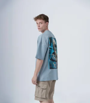 Ανδρικό Σιέλ Oversized T-Shirt με Τύπωμα