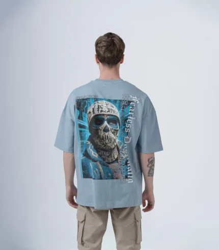Ανδρικό Σιέλ Oversized T-Shirt με Τύπωμα