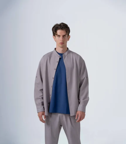 Ανδρικό overshirt γκρι με mao γιακά μακρύ μανίκι