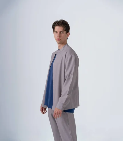 Ανδρικό overshirt γκρι με mao γιακά μακρύ μανίκι