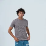 Ανδρικό βαμβακερό t-shirt με λεπτή ρίγα taupe μωβ με λευκό