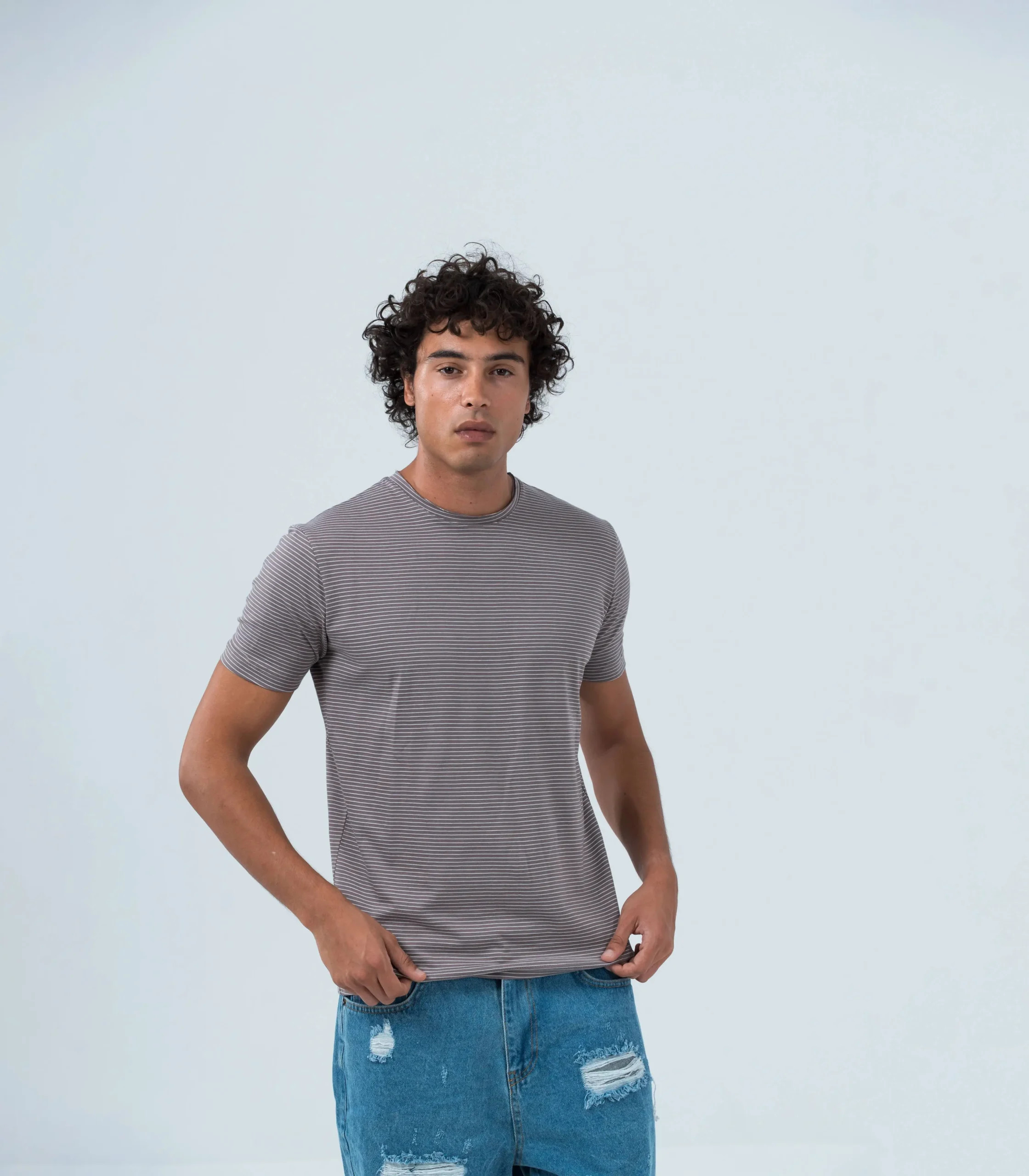 Ανδρικό βαμβακερό t-shirt με λεπτή ρίγα taupe μωβ με λευκό Ανδρικό βαμβακερό t-shirt με λεπτή ρίγα taupe μωβ με λευκό