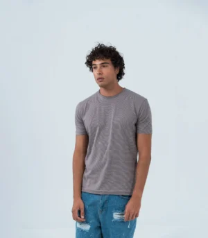 Ανδρικό βαμβακερό t-shirt με λεπτή ρίγα taupe μωβ με λευκό
