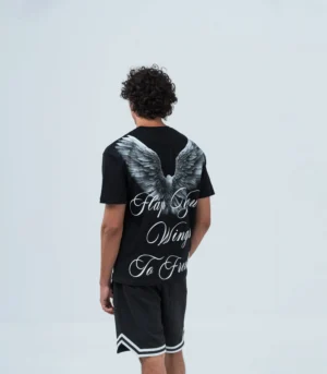 Ανδρικό μαύρο βαμβακερό oversized T-shirt με έντονο τύπωμα ' Wings'