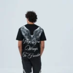 Ανδρικό μαύρο βαμβακερό oversized T-shirt με έντονο τύπωμα ' Wings'