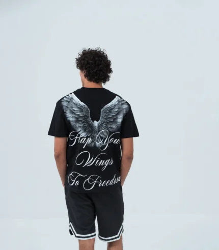 Ανδρικό μαύρο βαμβακερό oversized T-shirt με έντονο τύπωμα ' Wings'