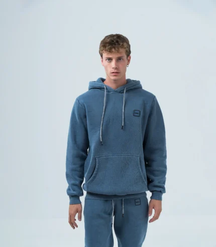 Ανδρικό φούτερ fleece με κουκούλα stonewashed -Μπλέ