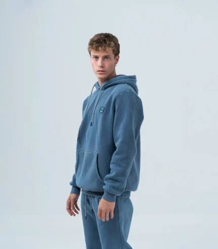 Ανδρικό φούτερ fleece με κουκούλα stonewashed -Μπλέ