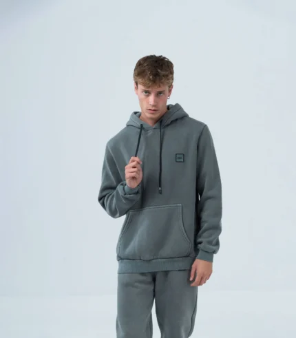 Ανδρικό φούτερ fleece με κουκούλα stonewashed -Γκρί σκούρο