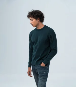 Ανδρική μακρυμάνικη πλεκτή μπλούζα από βαμβάκι με λαιμόκοψη – Σκούρο Πετρόλ