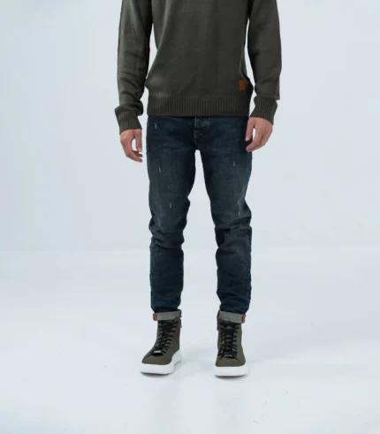 Ανδρικό μπλέ σκούρο τζίν με ξέφτια slim fit