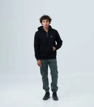 Ανδρικό Μαύρο Φούτερ Fleece με Κουκούλα, Φερμουάρ & Τσέπες