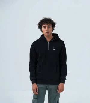 Ανδρικό Μαύρο Φούτερ Fleece με Κουκούλα, Φερμουάρ & Τσέπες