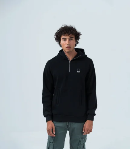Ανδρικό Μαύρο Φούτερ Fleece με Κουκούλα, Φερμουάρ & Τσέπες