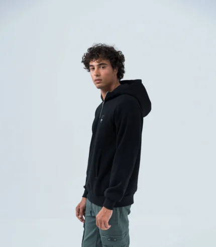 Ανδρικό Μαύρο Φούτερ Fleece με Κουκούλα, Φερμουάρ & Τσέπες
