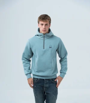 Ανδρικό γαλαζοπράσινο Φούτερ Fleece με Κουκούλα, Φερμουάρ & Τσέπες