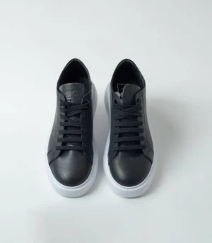Ανδρικό Δερμάτινο Μαύρο Sneaker Με λευκή Σόλα