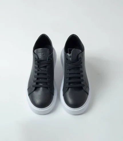 Ανδρικό Δερμάτινο Μαύρο Sneaker Με λευκή Σόλα