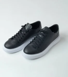 Ανδρικό Δερμάτινο Μαύρο Sneaker Με λευκή Σόλα